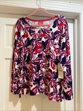 Cappagallo Woman 1X Red, Purple & Pink Printed Button-Front Women's Top